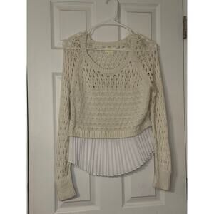 Maeve Anthropologie Layered Knit Sweater Pleated Chiffon Hem Top Cream Small